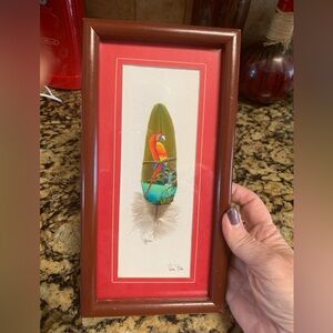 Vintage Handpainted Vibrant Macaw Feather Art in Red and Brown Frame